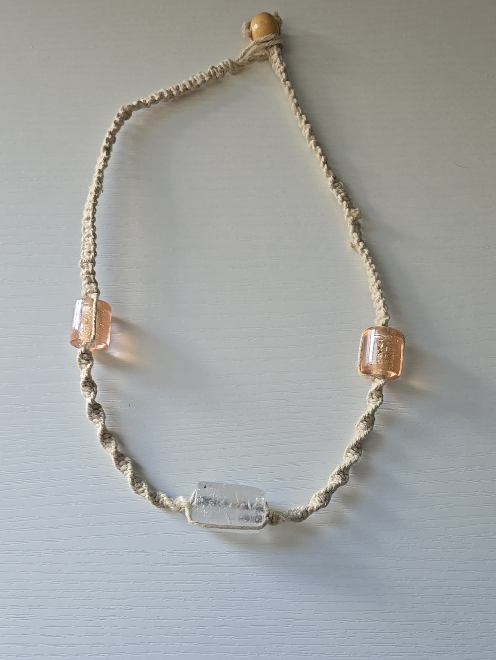Beige Macramé Necklace with Clear and Light Pink Glass Beads